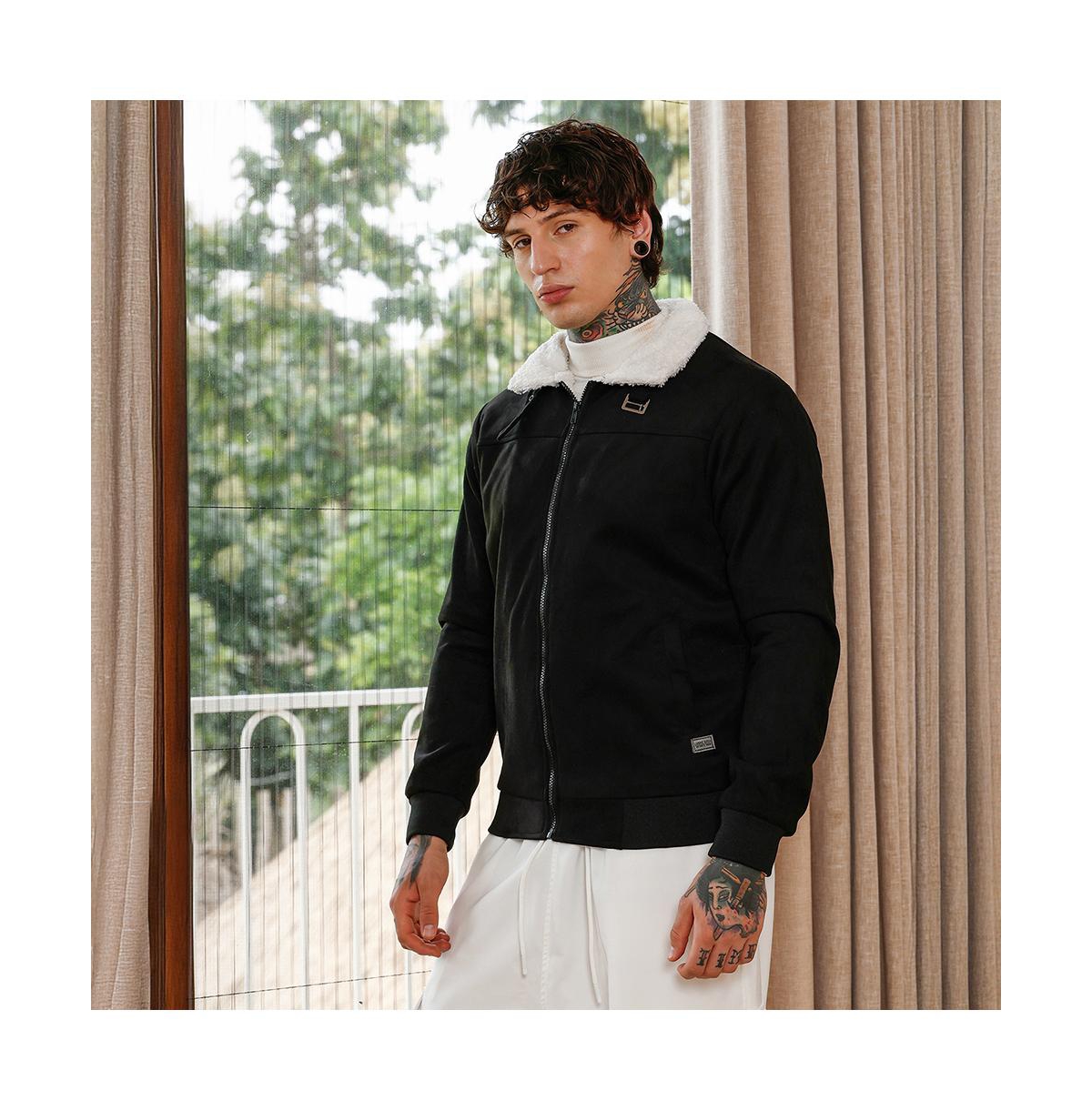 Campus Sutra Men's Raven Black Contrast Sherpa-Lined Suede Bomber Jacket