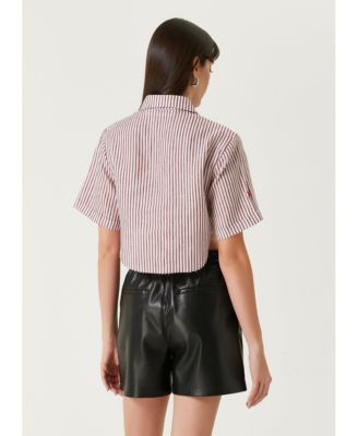 Women's Red Striped Linen Crop Shirt