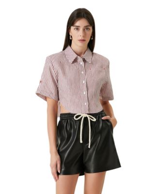 Women's Red Striped Linen Crop Shirt