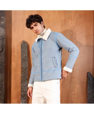 Men's Powder Blue Contrast Sherpa-Lined Suede Rider Jacket