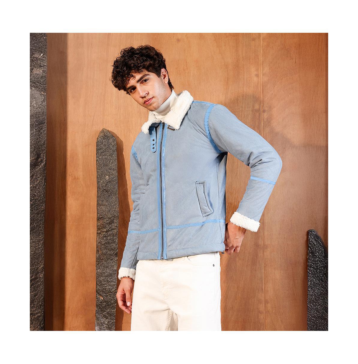 Campus Sutra Men's Powder Blue Contrast Sherpa-Lined Suede Rider Jacket