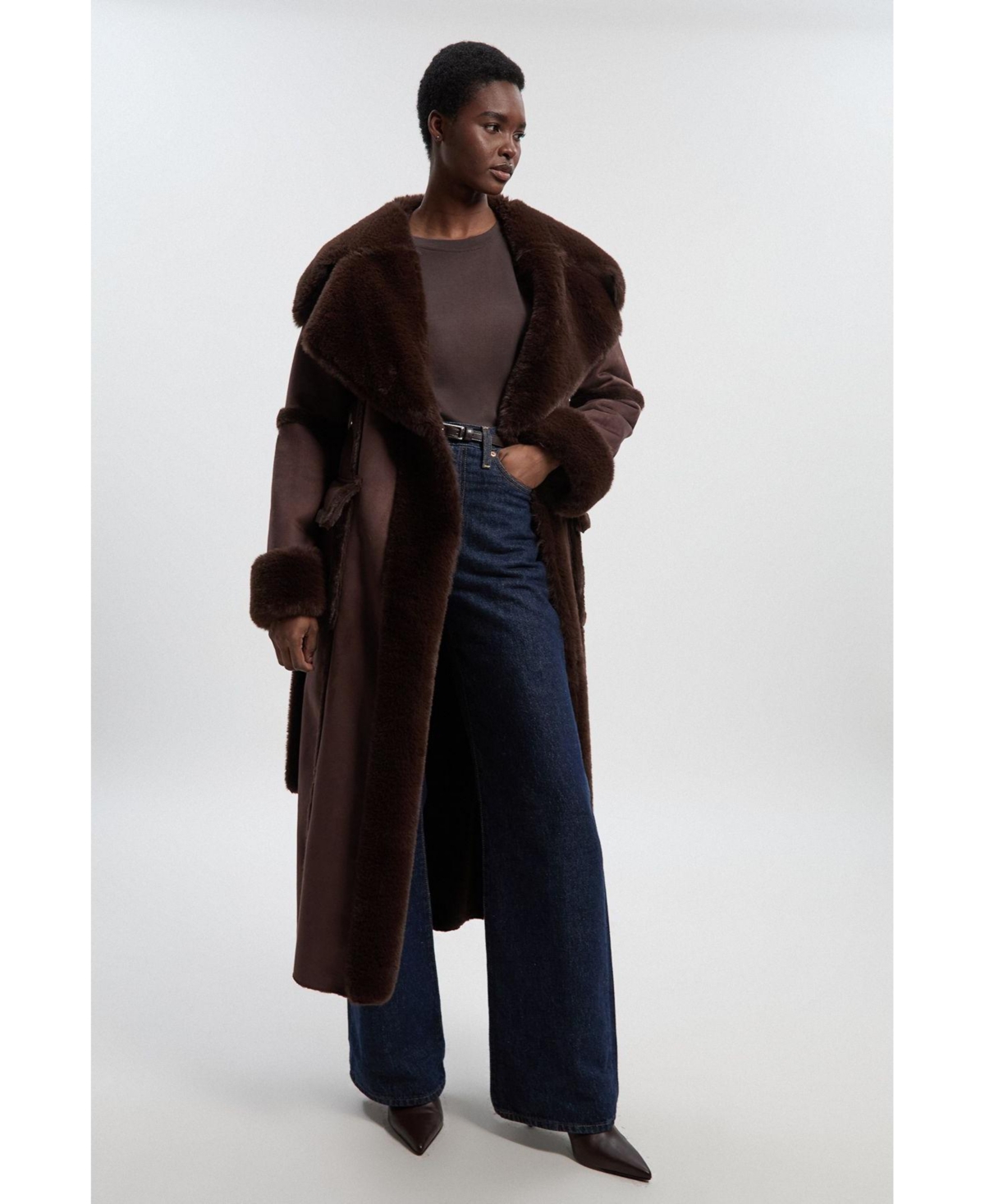 Karen Millen Women's Faux Shearling Belted Maxi Coat