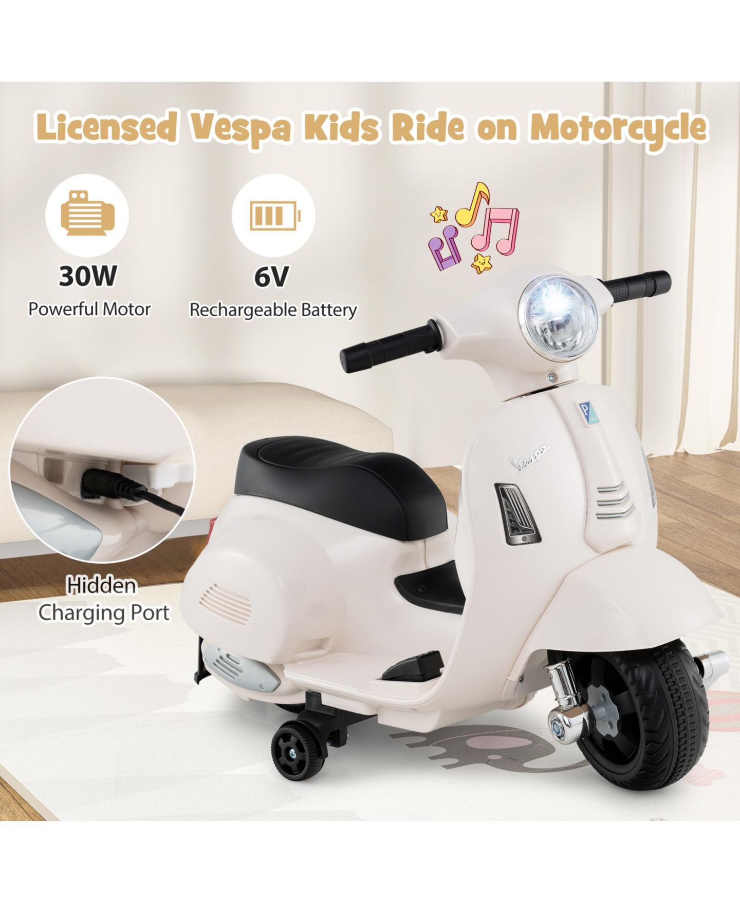 Детская игрушка SUGIFT Licensed Vespa 6V Rechargeable Battery Ride-On Motorcycle with Training Wheels, Ages 18-36 Months, цвет: Белый — фото 7