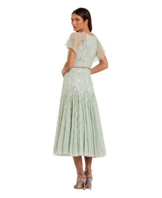 Women's Enbellished Bow Flutter Sleeve A Line Midi Dress