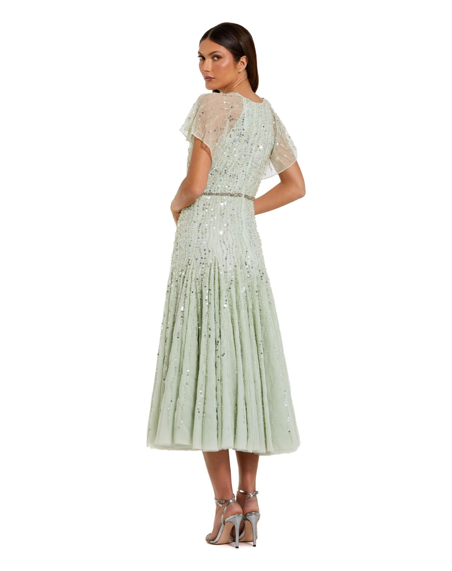 Women's Enbellished Bow Flutter Sleeve A Line Midi Dress