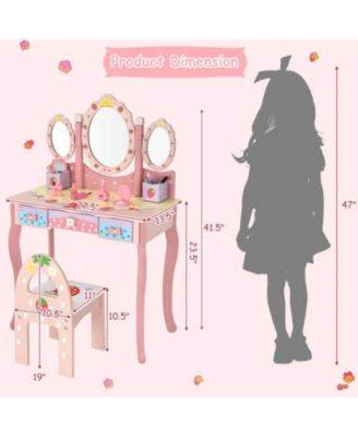 Kids Vanity Princess Makeup Dressing Table Chair Set with Tri-fold Mirror, White