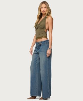 Women's Double Buckle Low Rise Baggy Jeans
