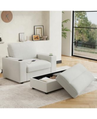 Oversized Corduroy Chaise Lounge with Storage Ottoman, Cup Holders & USB