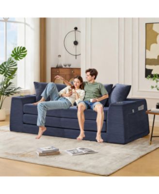 Streamdale Blue Corduroy Convertible Sofa Bed with 5 Pillows, No Assembly