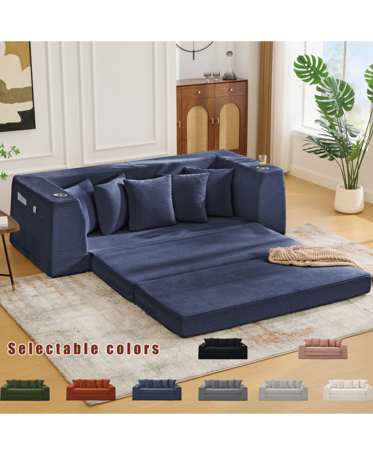 Streamdale Furniture Streamdale Blue Corduroy Convertible Sofa Bed with 5 Pillows, No Assembly