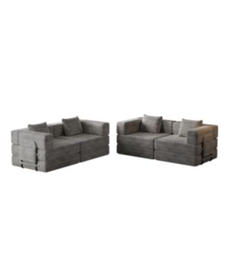 4-seater folding sofa bed with corduroy fabric, storage pockets & cushions.