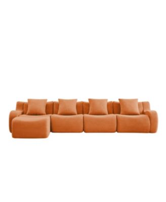 L-Shaped 4-Seat Boneless Sofa, Teddy Fabric, No Assembly, Orange