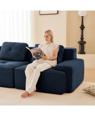 Streamdale Blue 82" Modern L-Shaped Corduroy Sectional Sofa with Ottoman