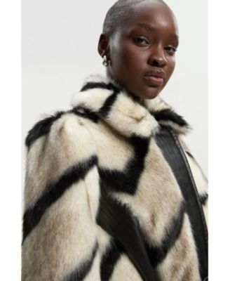 Women's Stripe Faux Fur Belted Long Coat