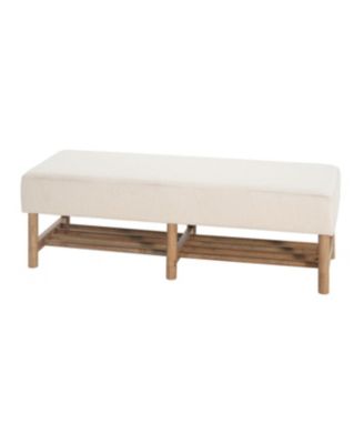 Rectangular Upholstered Linen Fabric Ottoman Bench, Solid Wood Legs, Beige