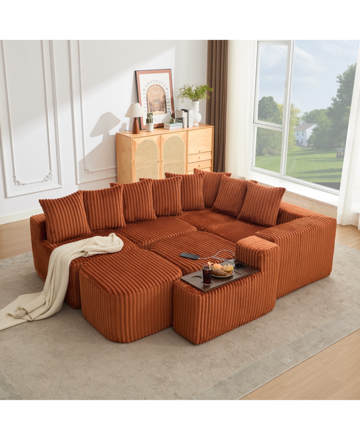 Streamdale Furniture U Shaped Sofa, Usb/Wireless Charge, Coffee Table, Movable, 6 Seats, Corduroy, Orange