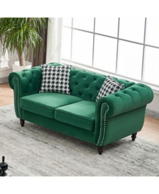 Streamdale Chesterfield Velvet Sofa with Roll Armrest & Nailhead, Green