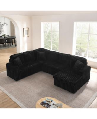 Streamdale Black U-shaped Corduroy Sofa with Pull-out Bed & Storage Chaise