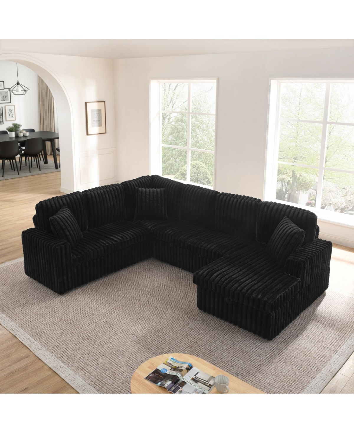 Streamdale Furniture Streamdale Black U-shaped Corduroy Sofa with Pull-out Bed & Storage Chaise
