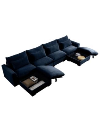 Blue Corduroy U-Shaped Sectional Sofa with Storage Ottomans & Pillows
