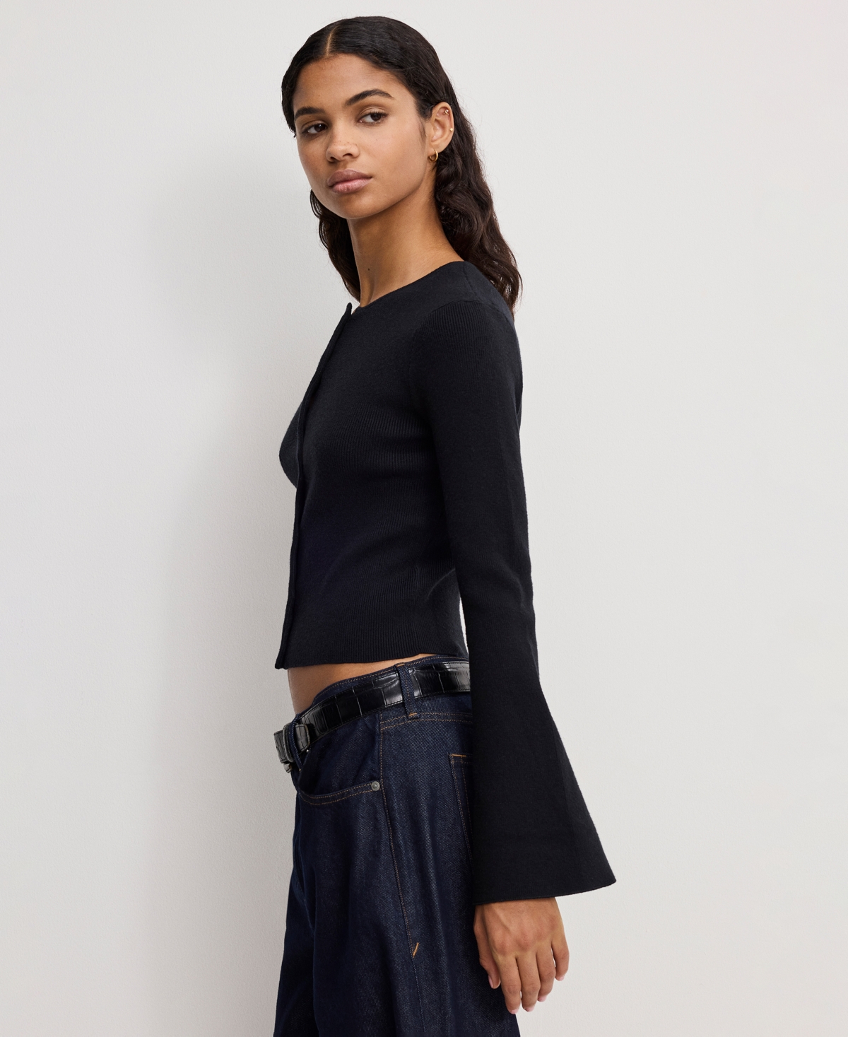 Good American Women's Bell Sleeve Knit Cardigan Sweater