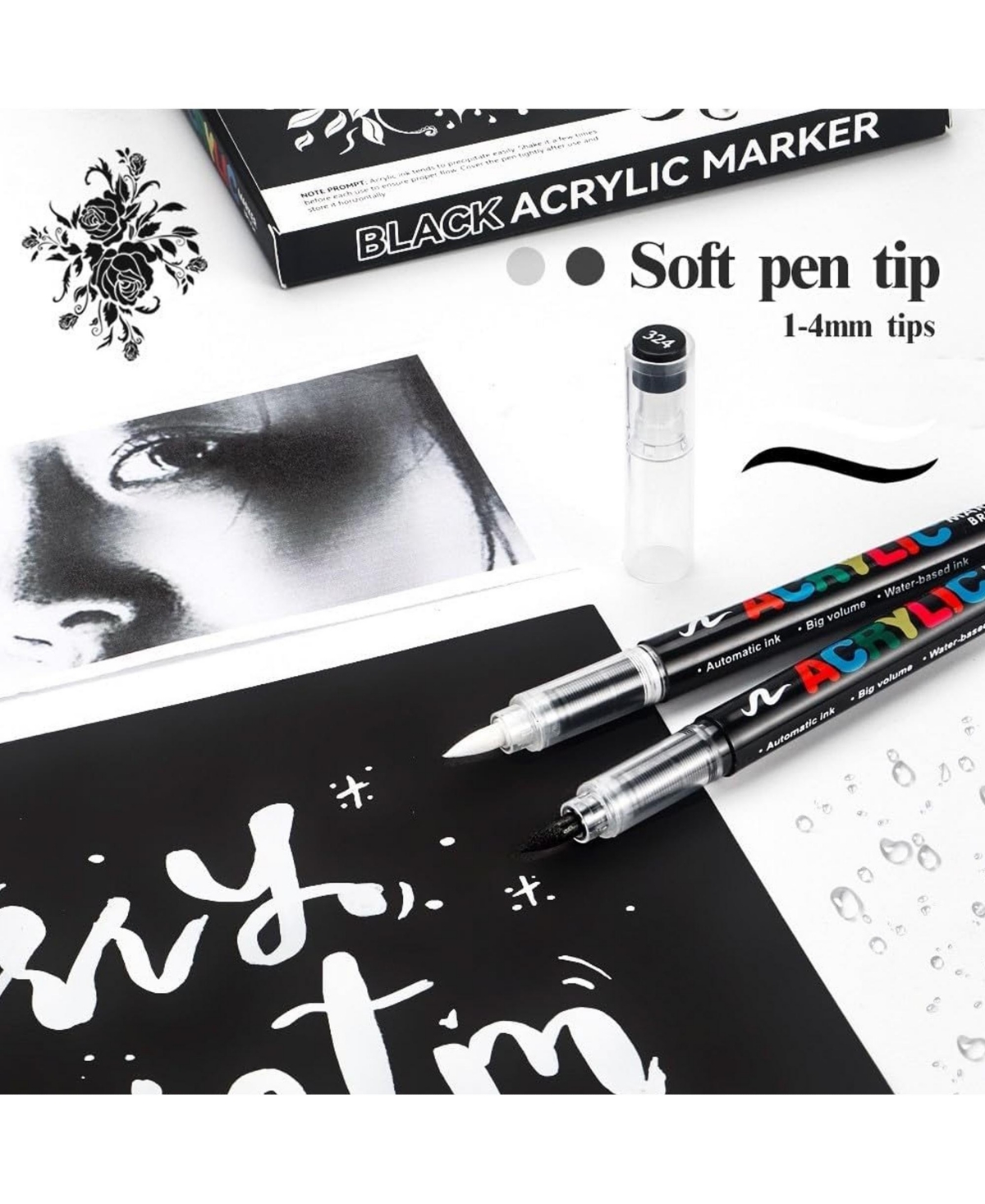 Htutwoo 12Pcs White Acrylic Paint Pens, Soft Brush Tip Markers for Wood, Metal, Rock, Plastic, Glass, Canvas and Fabric