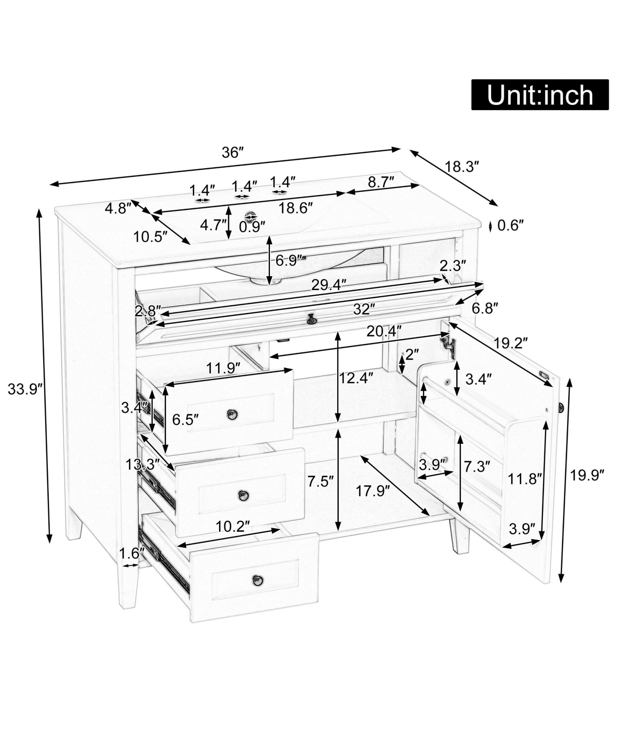 Casainc Bathroom Vanity with Sink 3 Drawers Adjustable Shelf Freestanding Storage Cabinet