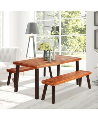 3 Pieces Picnic Table Set Acacia Wood Table Bench with Steel Legs Outdoor Patio