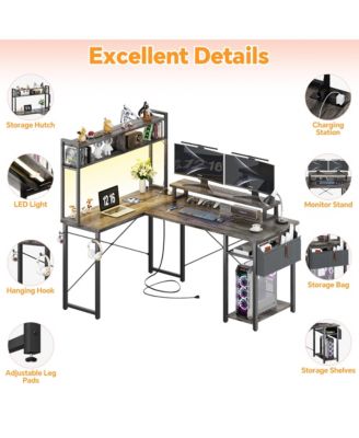 49'' Small L Shaped Desk with Hutch, Reversible Computer Gaming Desk with Outlet and LED Strip