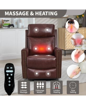 Genuine Leather Heat Massage Manual Recliner Chair with Rocker and Swivel