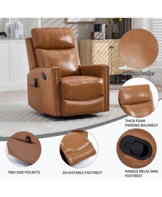 Genuine Leather Heat Massage Manual Recliner Chair with Rocker and Swivel