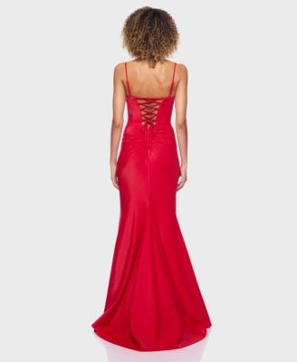 Juniors' Spaghetti Straps Lace-Up Back Long Gown