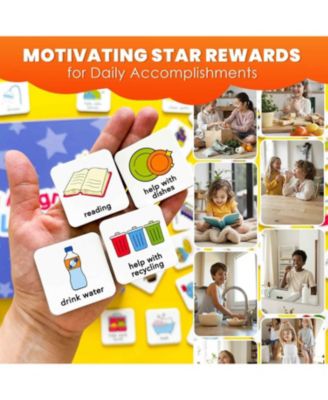 Magnetic Chore Chart for Kids with 72 Routine Magnets & Star Rewards - Foldable Visual Daily Responsibility Schedule
