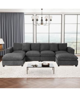 128" Corduroy Modular U-Shaped Sectional Couch and Chaise With USB/Type-C Ports and Side Pockets
