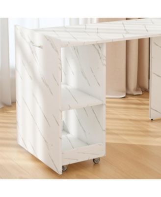 Streamdale Stretchable desk with storage shelves and wheels, foldable, white marble