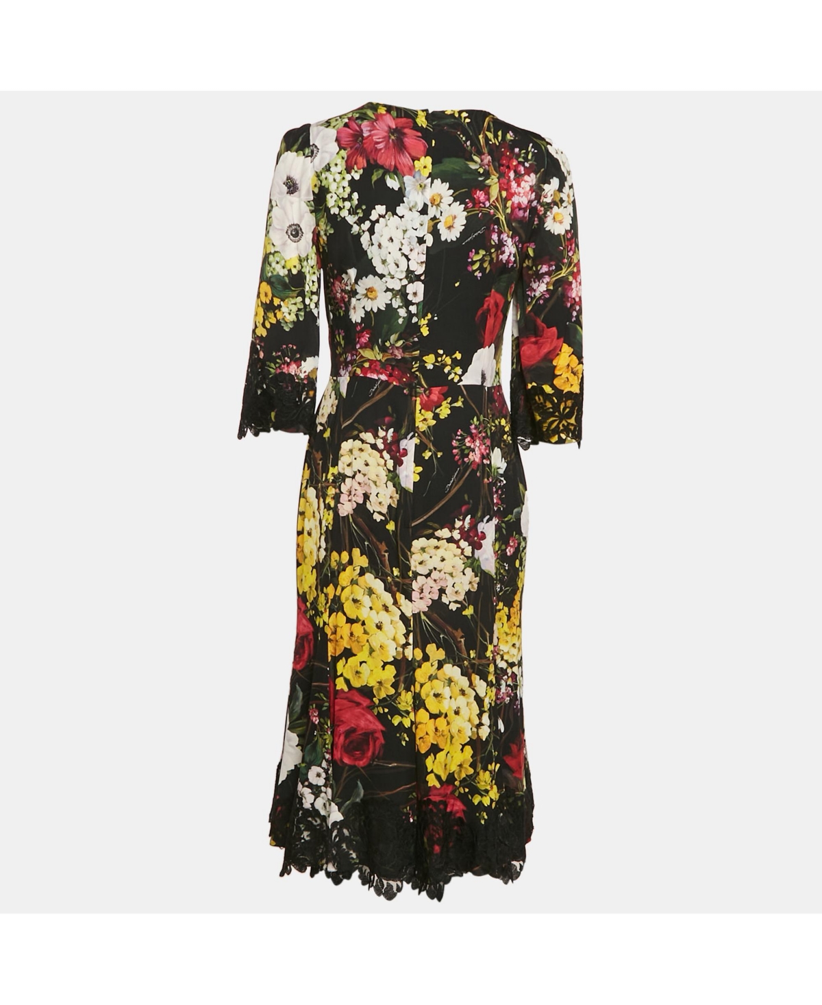 Pre-Owned Dolce & Gabbana Women's Black Floral Print Silk Lace Trim Midi Dress