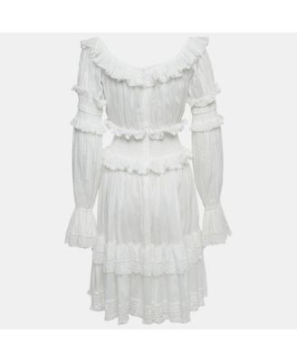 Women's White Lace Trim Cotton Ruffled Short Dress