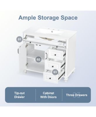 Solid Wood Vanity with Sink 3 Drawers 2 Doors Flip Drawer