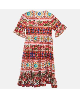 Women's Multicolor Carretto Con Rose Print Cotton Flouce Dress