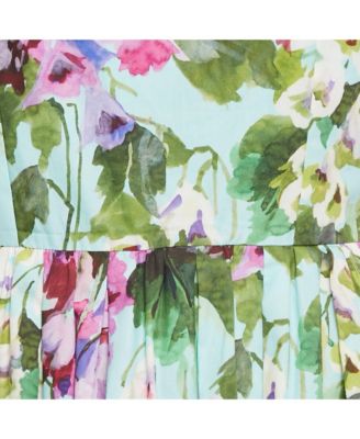 Women's Blue Floral Print Cotton Midi Dress