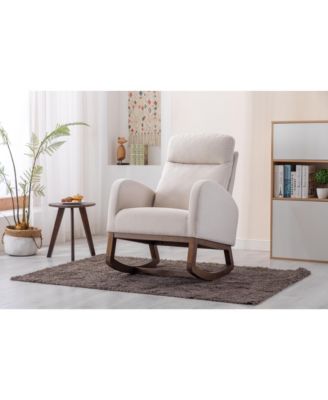 Beige Linen Rocking Recliner Chair – Modern Home Furniture with Wood Legs, Side Pocket & High Back