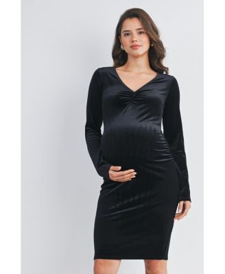 Maternity Long Sleeve V Neck Ruched Velvet Dress