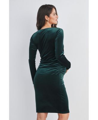 Maternity Long Sleeve V Neck Ruched Velvet Dress - Green - Medium