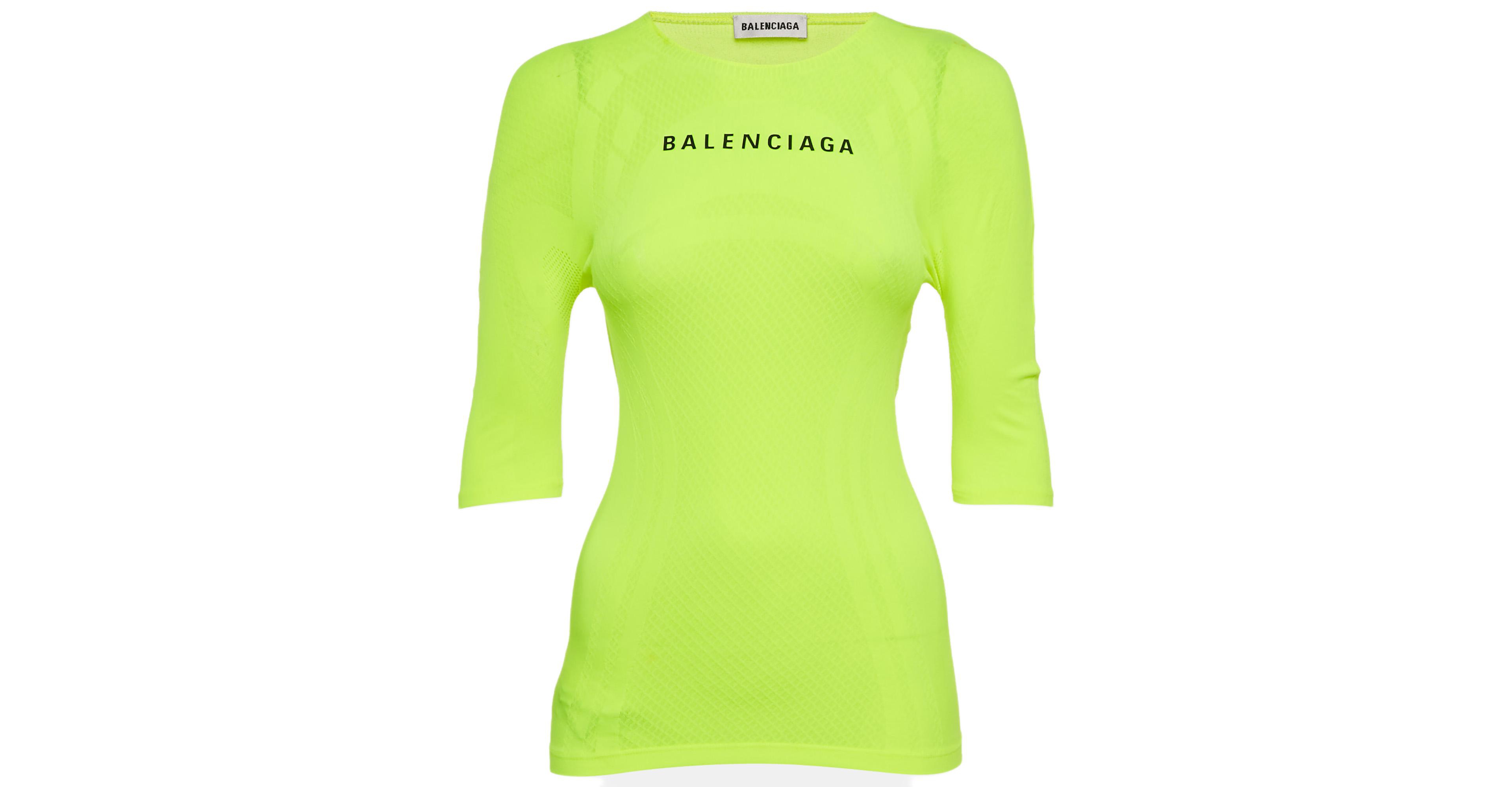 Pre-Owned Balenciaga Women's Acid Green Logo Print Mesh Jersey Fitted Top