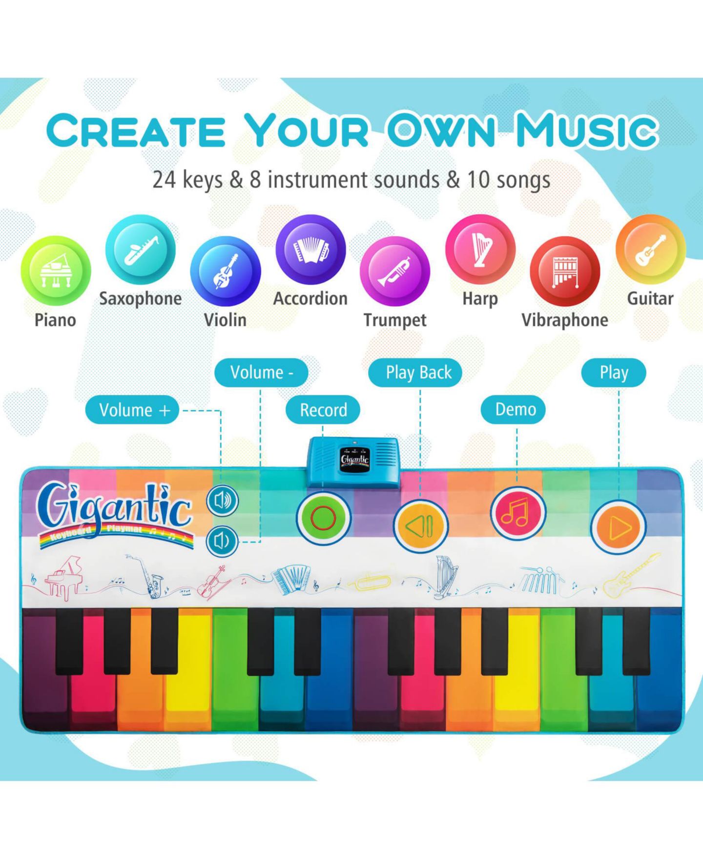 Детская игрушка Costway Giant 24-Key Touch-Sensitive Keyboard Dance Mat, Musical Playmat, Ages 3+, цвет: Assorted Pre-Pack — фото 8