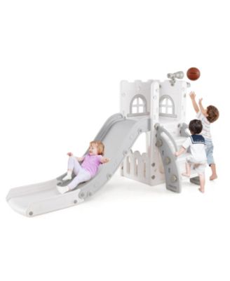 6 in 1 L-shaped Toddle Slide for Toddlers Age 1-3 Baby Slide with Basketball Hoop