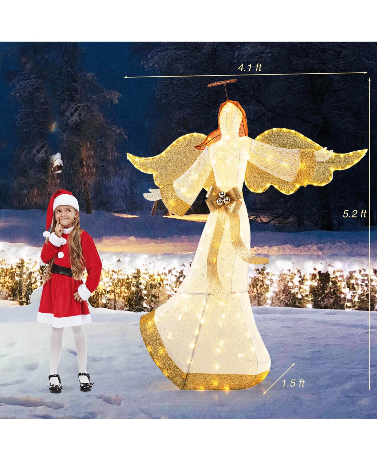 Costway 5.2 Ft Lighted Angel with Halo & Bow Zip Ties & Ground Stakes 180 Led Lights