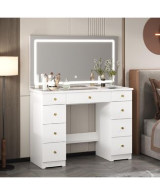 9-Drawer Vanity with 3 Color LED Mirror, Tempered Glass Countertop,Crystal Handle, Makeup Table,Chest