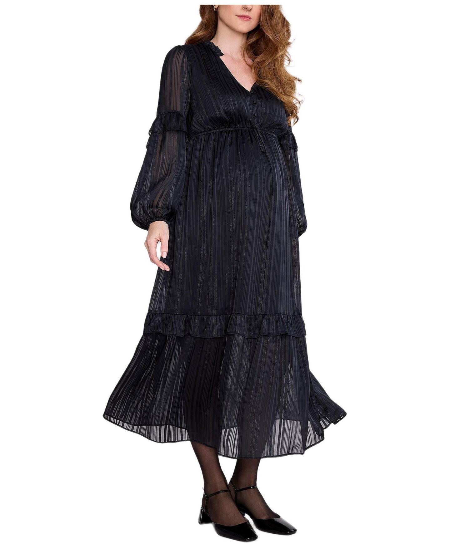 Женское платье Motherhood Maternity Motherhood V-Neck Long Sleeve Tiered Maxi, цвет: Чёрный — фото 1