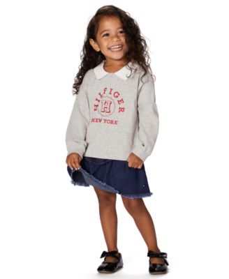 Girls' 2T-6X Collared Top and Denim Flare Skirt, 2-Piece Set